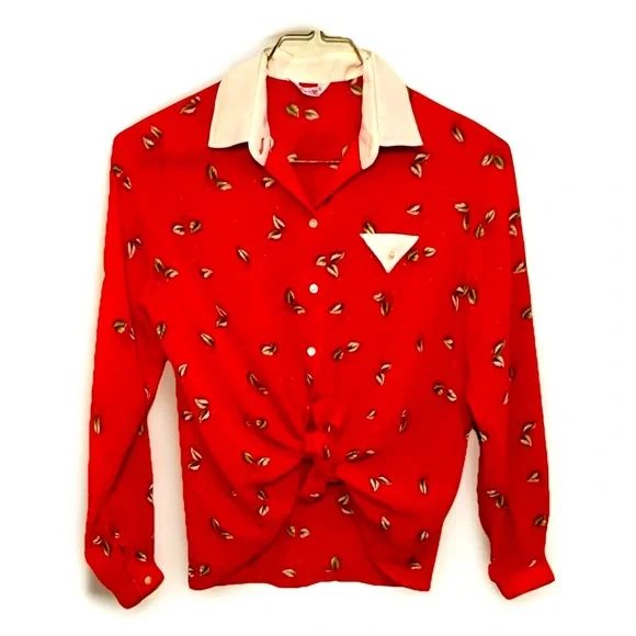 Vintage 80s/90s Women's Retro Red Top Blouse Long Sleeve Collar Button Unique - Picture 4 of 9